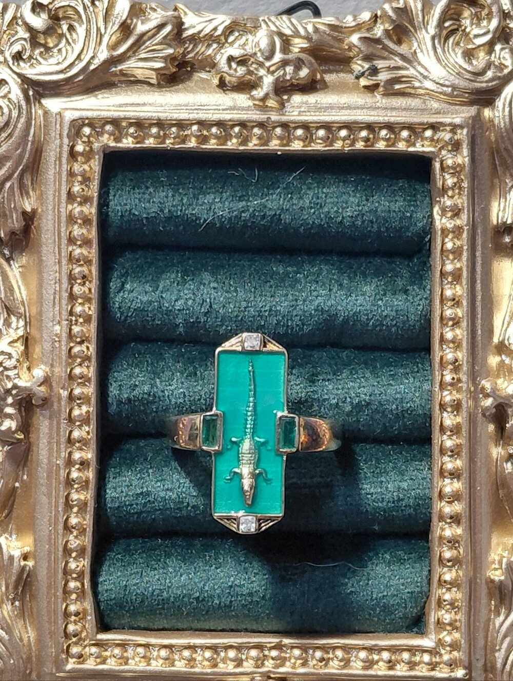 Gold Ring with Turquoise Green Inlay and Cross Accent - Picture 3 of 14